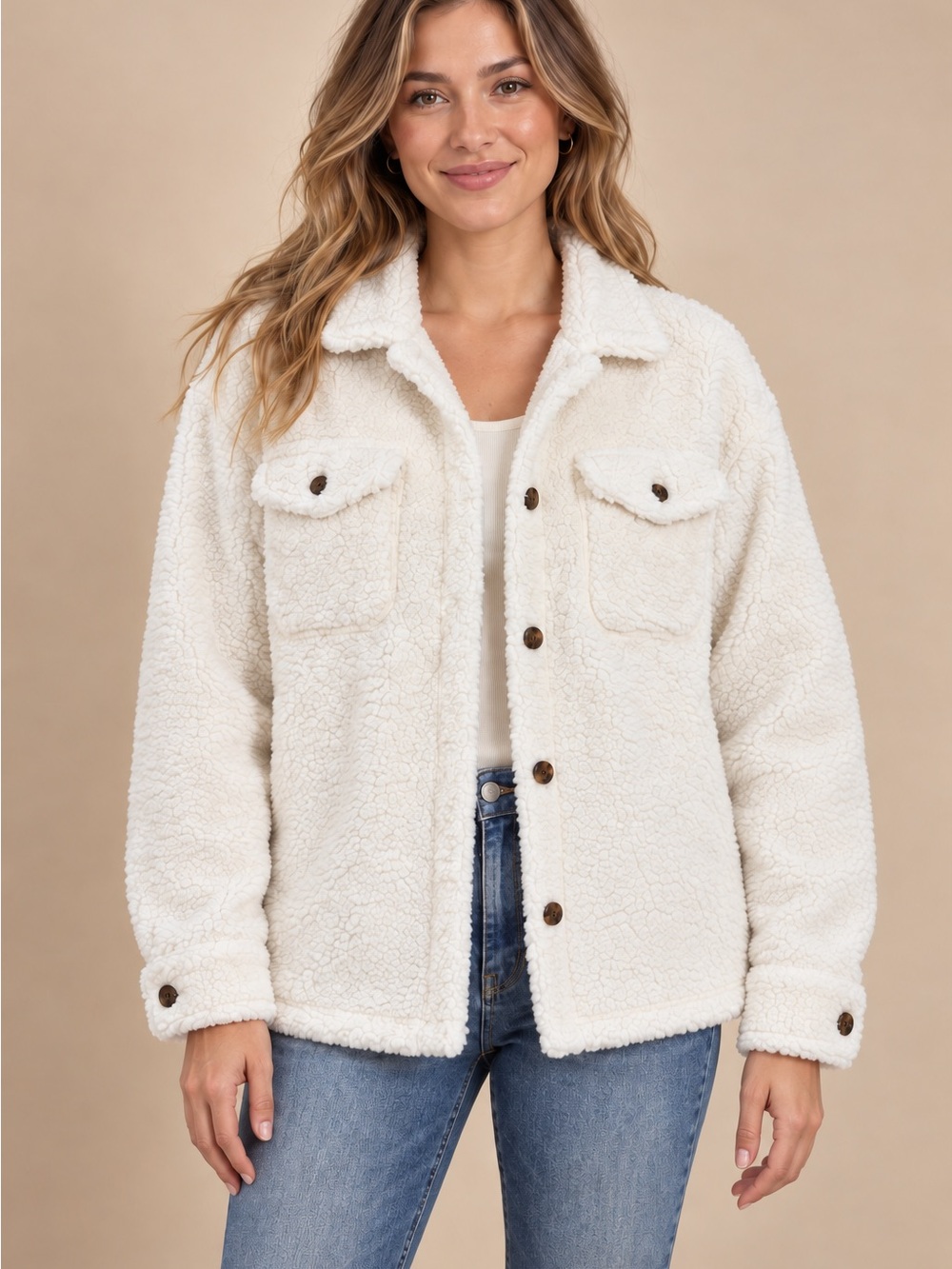 NWOT 32 Degrees Cream Sherpa Button-Up Jacket